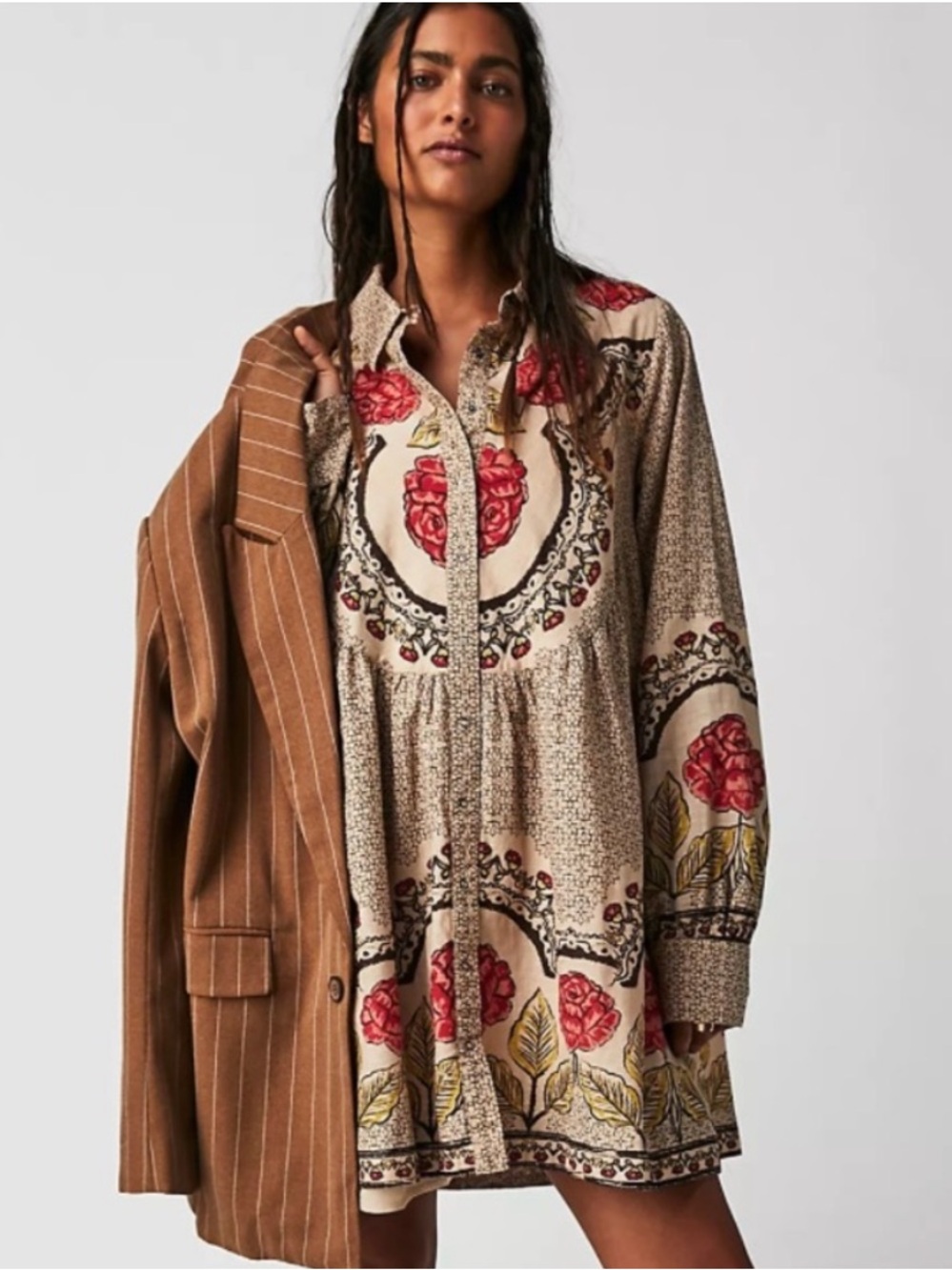 Free People Smell The Roses Mini Western Dress Snap Front in Tea Combo